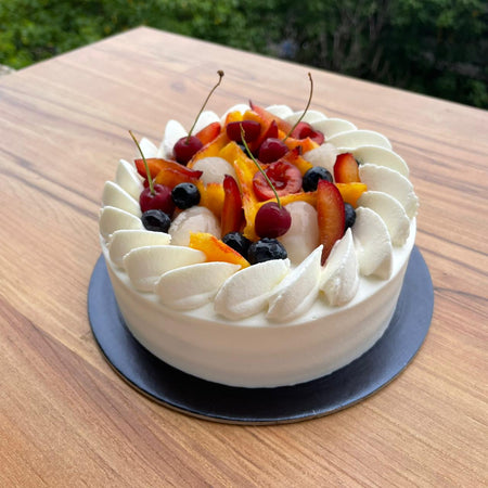 Mixed Stone Fruit & Fresh Cream Cake (Eggless) - Brownsalt Bakery