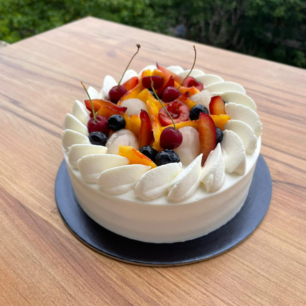 Mixed Stone Fruit & Fresh Cream Cake (Eggless) - Brownsalt Bakery
