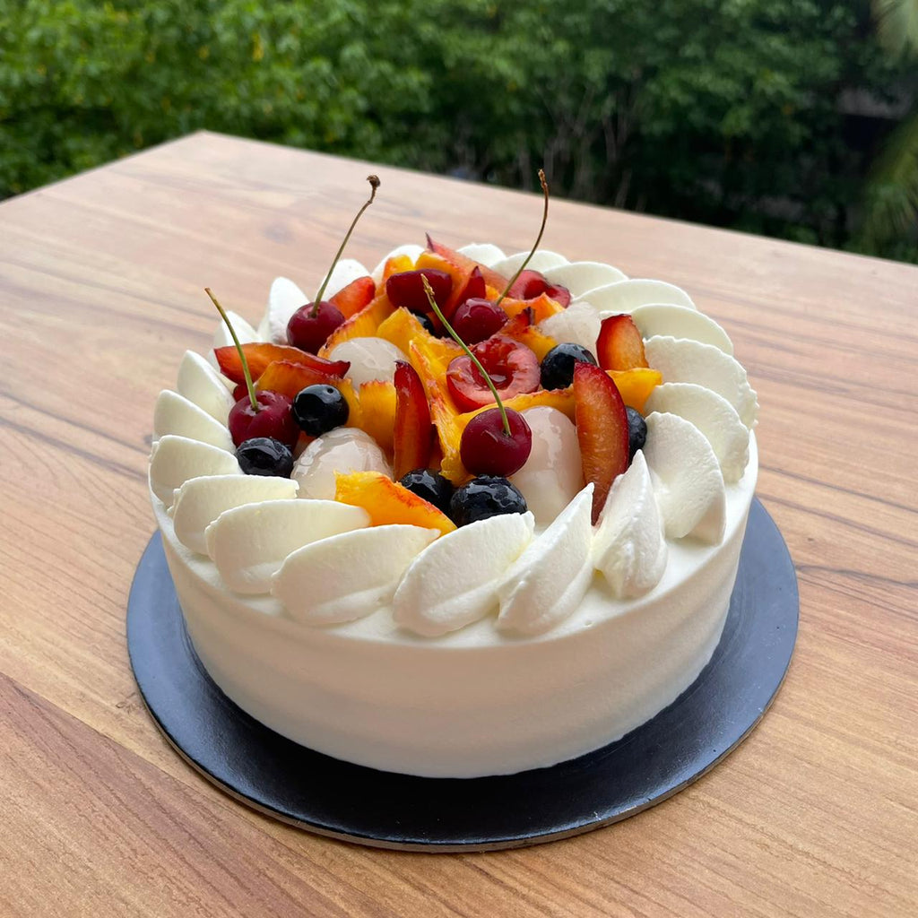 Mixed Stone Fruit & Fresh Cream Cake (Eggless) - Brownsalt Bakery