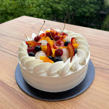 Mixed Stone Fruit & Fresh Cream Cake (Eggless) - Brownsalt Bakery
